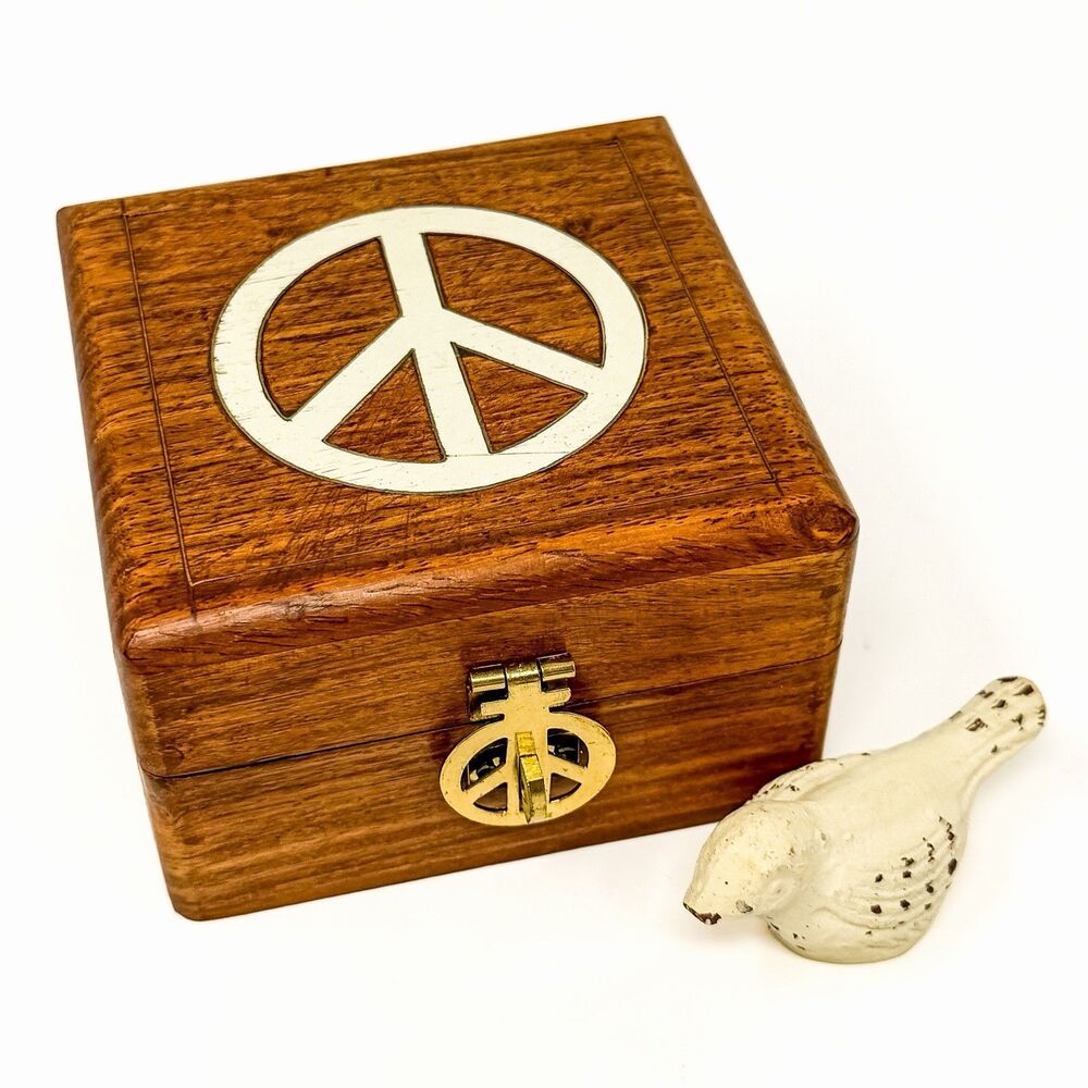 Lucky Brand Peace Sign Wooden Trinket Box Ceramic Bird Boho Hippie Decor